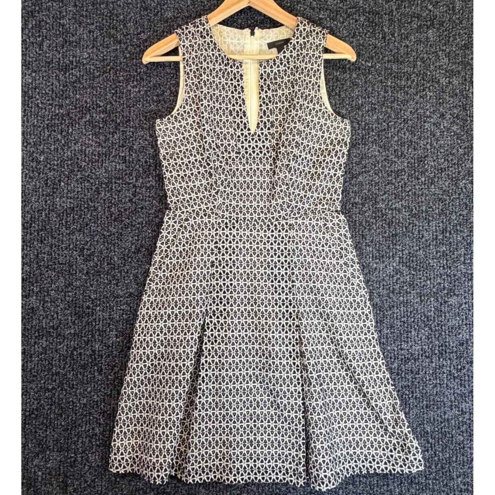 J.Crew Womens Black White Eyelet Geometric Fit Flare Dress Size 2 A-Line V-Neck
